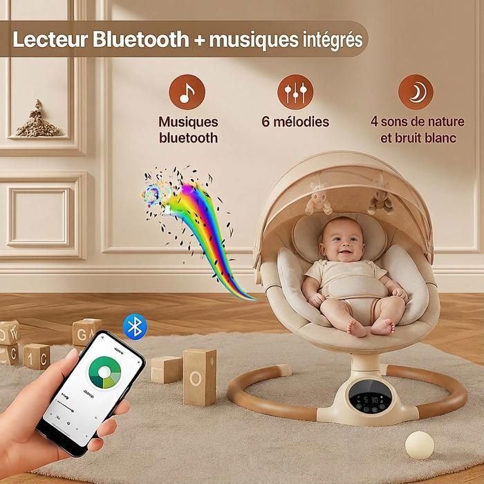 BEBE2LUXE ALPHA: Balancelle bebe/Transat bebe électrique jusqu'a 9kg, bluetooh pour smartphone, harnais de sécurité 5 points