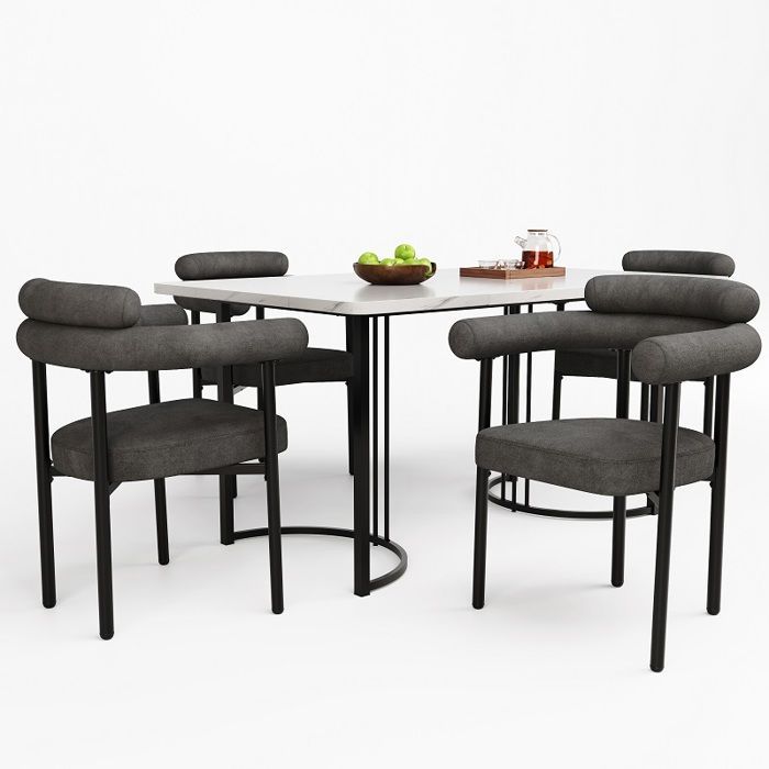 Modern Rectangular Kitchen Table and Chair Set (5 Pieces), with 4 Grey Velvet Chairs, Black Table Legs