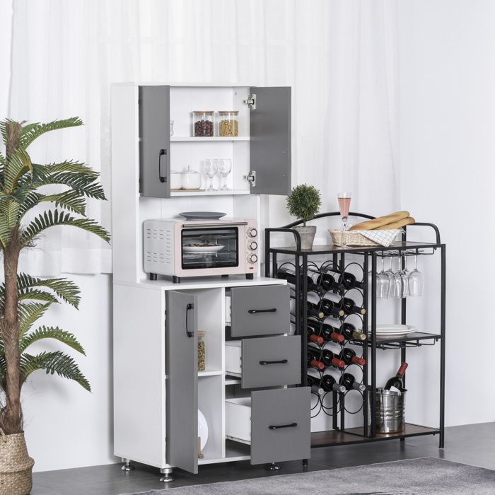 Aparador alto - HOMCOM - mueble de cocina con 3 puertas y 3 cajones, encimera - madera - 60x40x160cm - gris