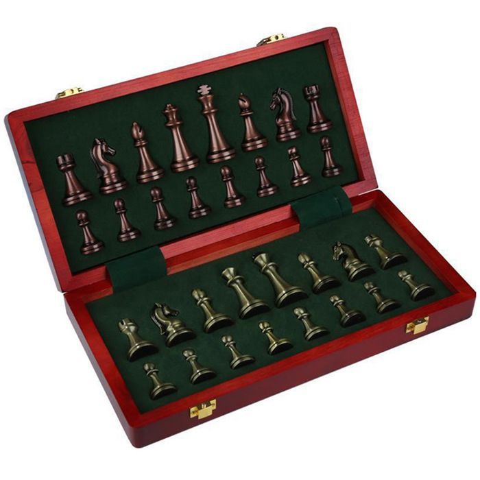 Retro-Schachset, Geschenkidee, Reisespiel, tragbares, faltbares Schachbrett aus Holz, Schachfiguren aus Metall