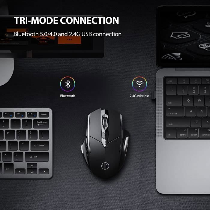 Mouse sem fio recarregável BRILLSTEN Tri-mode (BT5.0/BT4.0/2.4GHz), silencioso, com indicador de bateria, Tipo-C, preto