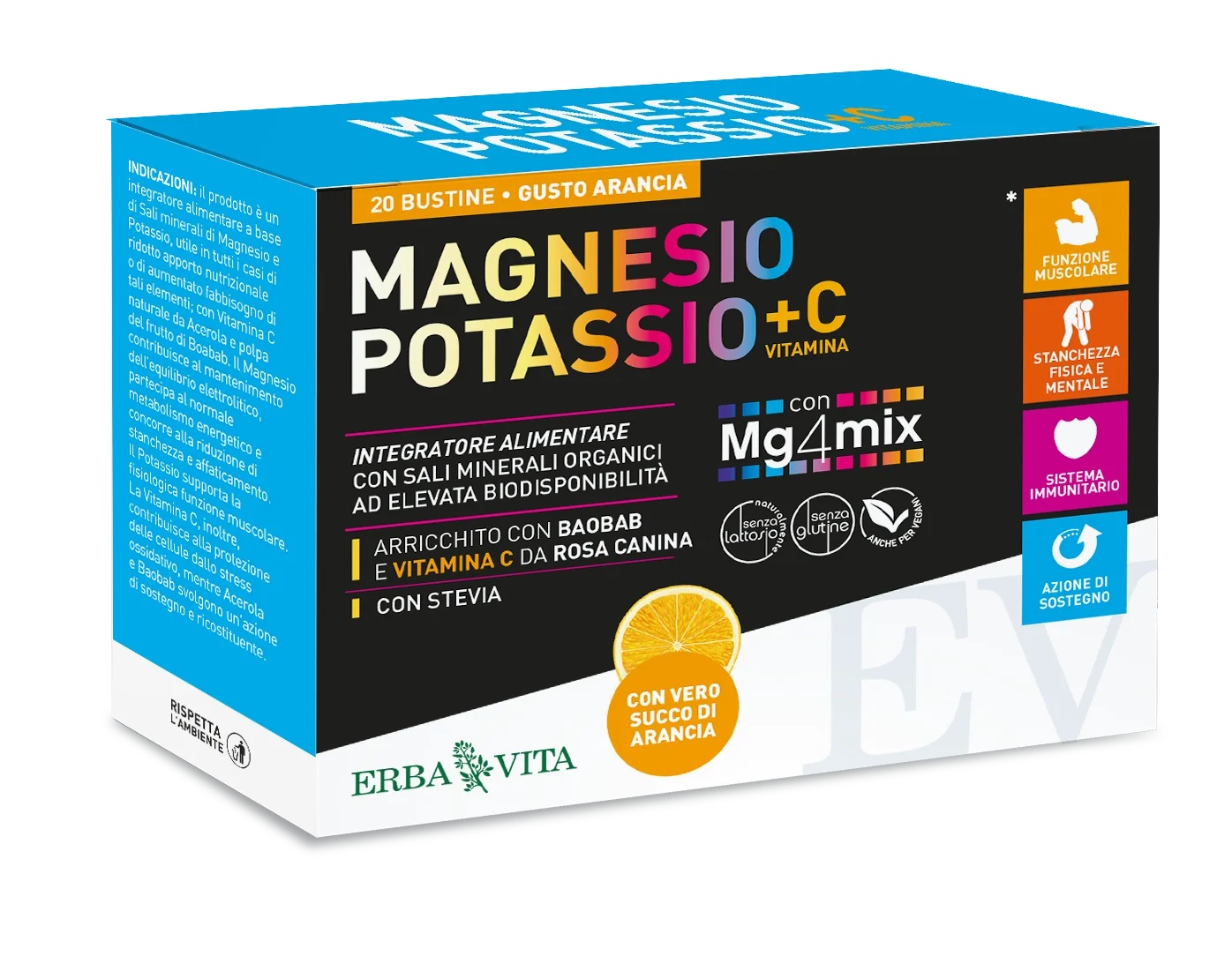 ERBA VITA Erba Vita Magnesium en Kalium + Vitamine C Supplement met Sinaasappelsmaak 20 Zakjes