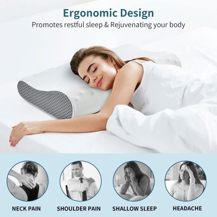 Almohada cervical ergonómica de espuma viscoelástica - Antironquidos y alivio del dolor - Sueño profundo 60*35*9/13cm