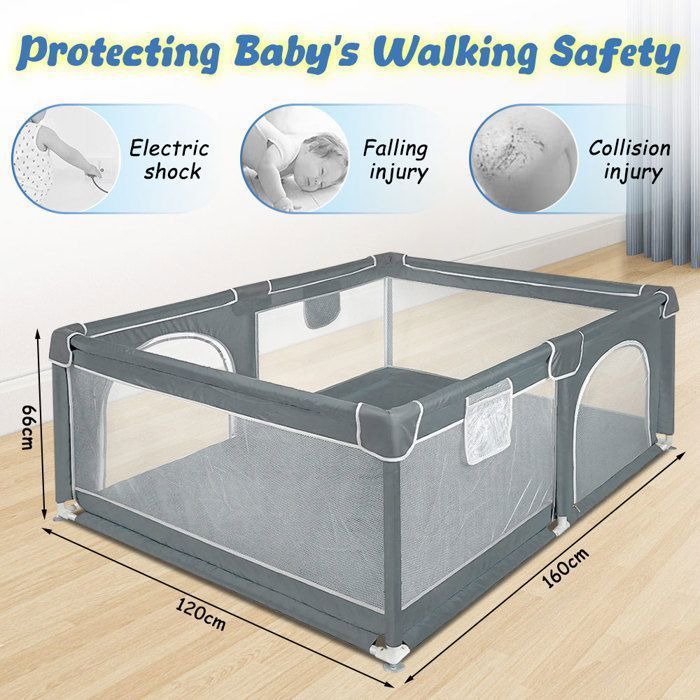 XXL Baby Playpen - MIPAN - With Zipped Door + Storage Bag - Can Be Chewed - Anti-collision - For 3-4 Years - 120*160*66cm - Grey