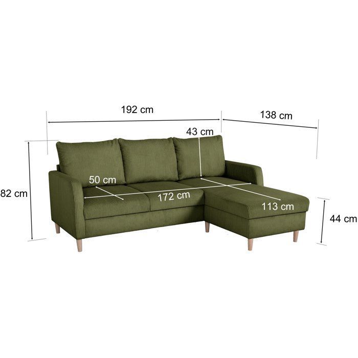 Vaste hoekbank - 3-zits - CHIPY - Lincoln Khaki stof - Poten van natuurlijk hout - 192 x 82 x 138 cm