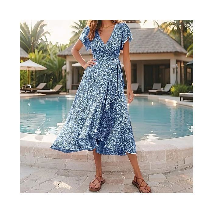Robe Fleurie Femme Ete À Manches Courtes Col en V Chic Floral Swing Elegant Wrap Élastique