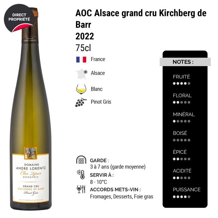 Domaine André Lorentz Alsace grand cru Kirchberg de Barr Clos Zisser Pinot Gris Demi-Sec 2022 - Vino Blanco de Alsacia (3x75cl)