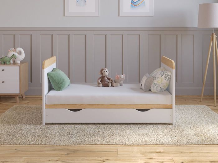 Cuna convertible con colchón - Cuna con cajón 120x60 cm Madera, Pino-Blanco
