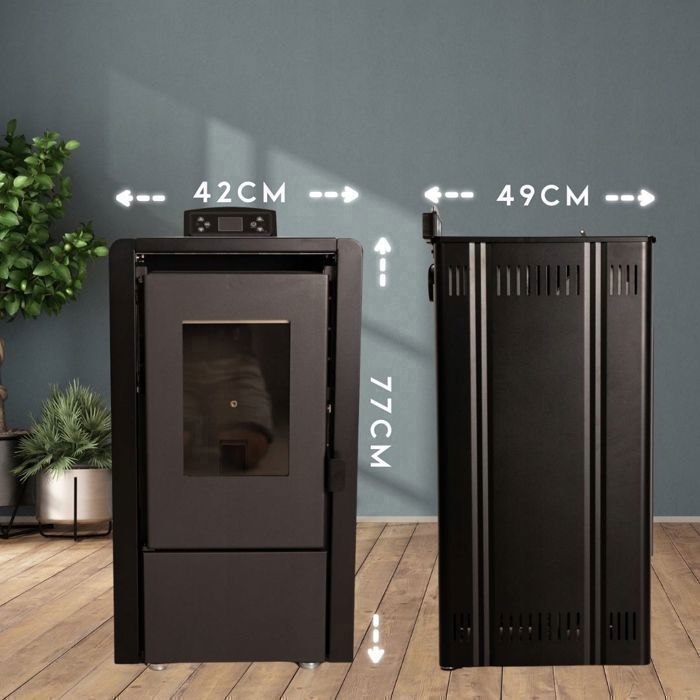 Stufa a pellet a libera installazione THUNDER® LEYLA-BLACK da 6,3 kW | Termostato integrato | Kit completo | Design stufa-camino