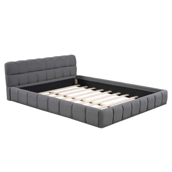 Cama de 160 x 200 cm con cabecero y somier de láminas, cama doble tapizada, cama a ras de suelo, estructura de cama de 160 x 200 cm con somier de láminas, lino, gris