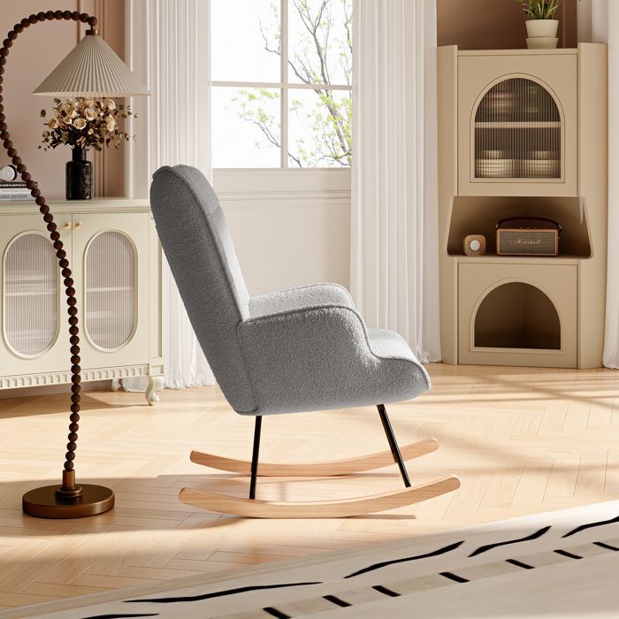 Fauteuil à bascule avec velours teddy,Rocking Chair,Fauteuil à bascule allaitement,bois massif et cadre en métal,Gris clair
