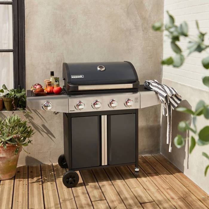 Gas barbecue - Bazin Grey anthracite - Outdoor kitchen with 5 burners including 1 side burner with shelves and thermometer.