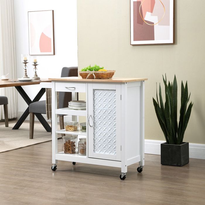 Carrito de cocina con ruedas - HOMCOM - carrito de servicio de cocina contemporáneo con cajón, 3 estantes - madera - blanco