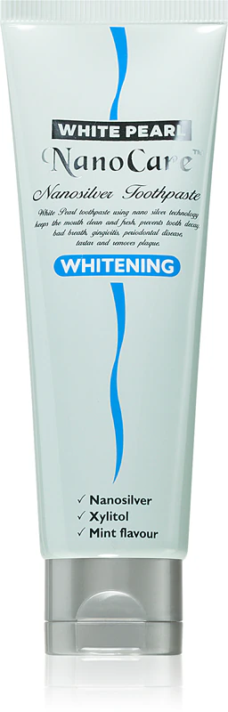 Creme dental clareador White Pearl NanoCare com nanopartículas de prata que remove manchas do esmalte.