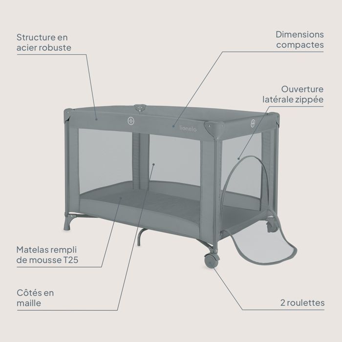 Lit parapluie 2en1 LIONELO Amelie - Parc bébé - Léger - 100 x 70 cm - Roulettes - Sac inclus - Gris