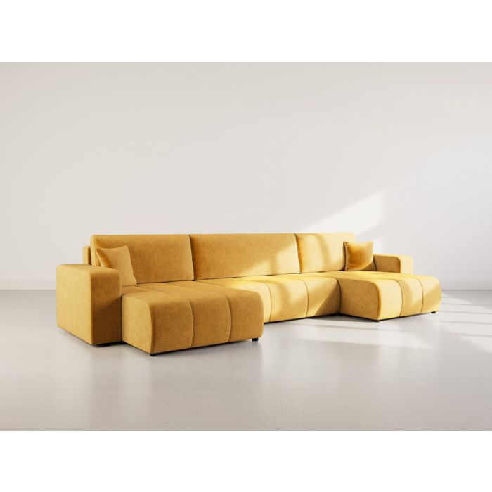 Nicole - Divano letto panoramico a forma di U a 7 posti con contenitore, in tessuto - Giallo