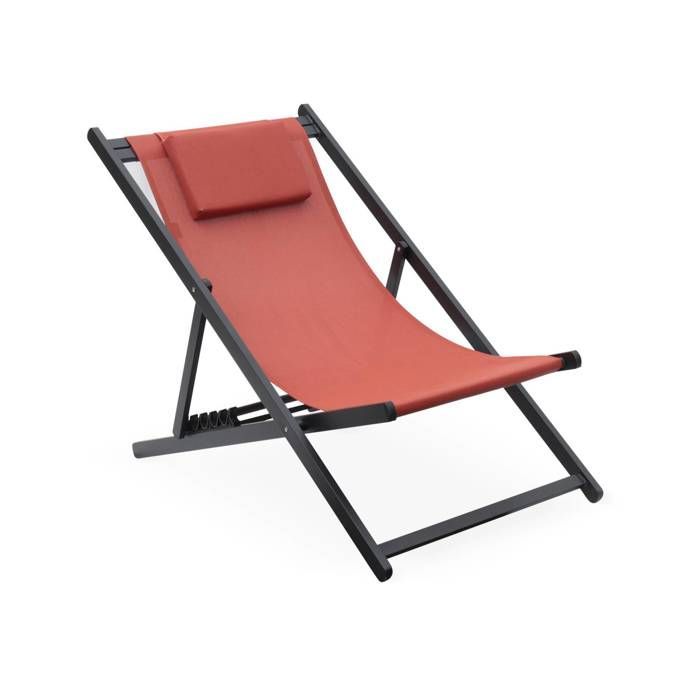 Lot de 2 bains de soleil - Gaia terra cotta - Transat en aluminium gris anthracite et textilene avec coussin repose tête.