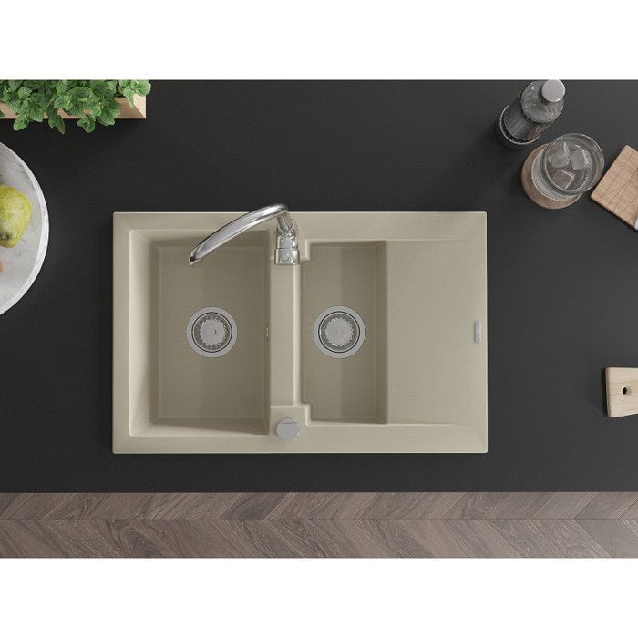 Lavello in granito Mexen Gaspar a 1 vasca e mezza con gocciolatoio corto, 737 x 475 mm, beige - 6507731505-69