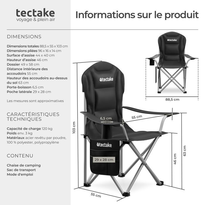 Silla de camping - TECTAKE - 1 MTX, silla plegable acolchada con bolsa de transporte, 88,5 x 55 x 103 cm, tejido hidrófugo.