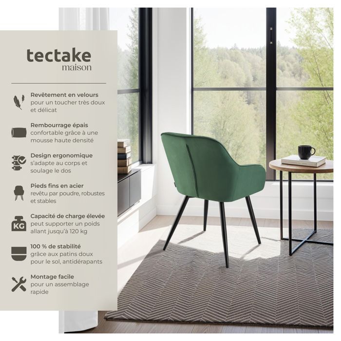Chaise - TECTAKE - Fauteuil de salle à manger MARYLIN aspect velours avec pieds en acier noir - Vert Foncé