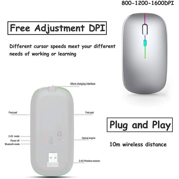 Souris sans Fil Rechargeable - Bluetooth - Argent - 3 Niveaux DPI - Silencieuse - Lumières Colorées