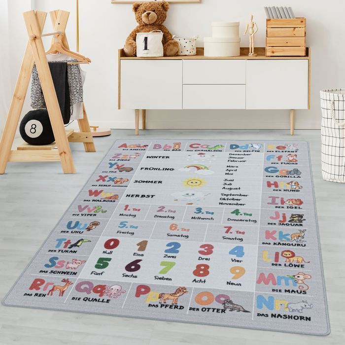 Carpetsale24 Tapis enfant tapis d'éveil Tapis d'apprentissage coloris gris 80x120 cm tapis chambre enfant tapis chambre bébé