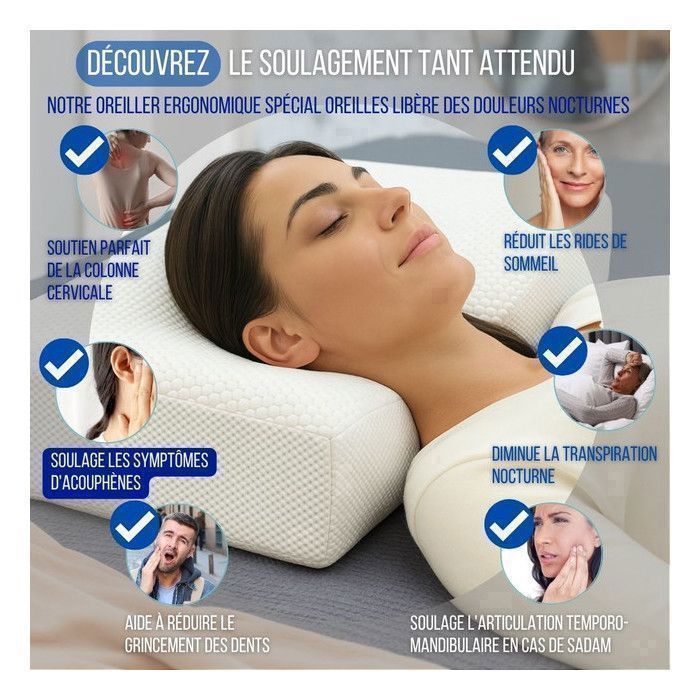 Inphysio Anti-rimpel en anti-verouderingskussen, ergonomisch nekkussen van traagschuim, geschikt voor zij- en rugslapers, 65x41x11 cm