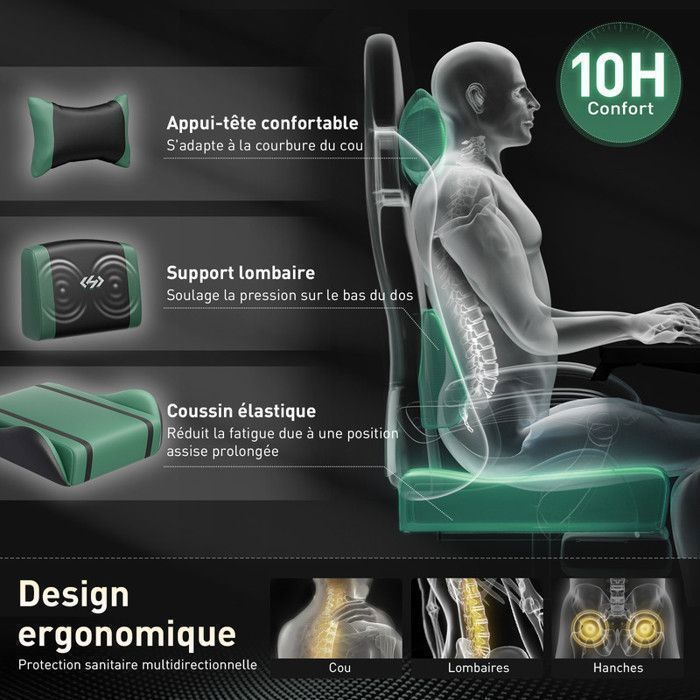 ECOFURNIX Fauteuil de Bureau Massant, Fauteuil Gaming Réglable avec Coussin de Massage Lombaire et Repose-Pieds, Noir et Vert
