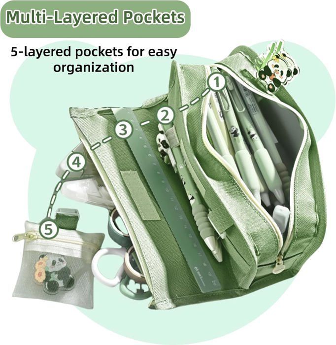 Estuche para lápices de panda, estuche para lápices kawaii, estuche para lápices de gran capacidad, estuche para lápices escolar, estuche para lápices con múltiples compartimentos, estuche para lápices verde