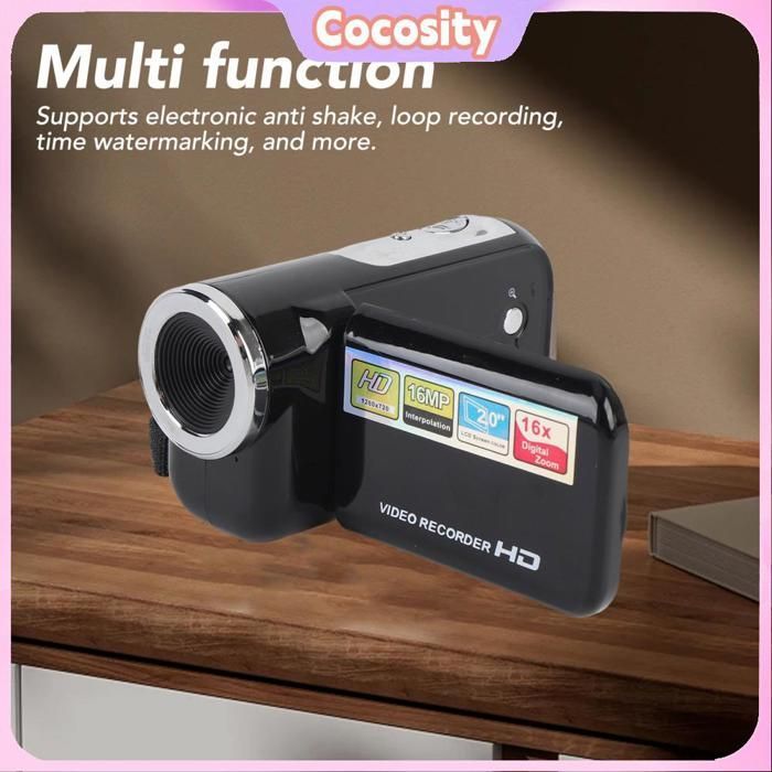 Videocamera digitale Cocosity da 5 cm con schermo a colori - Full HD 1080P, 16 MP, zoom 16x, stabilizzazione dell'immagine - Ideale per i viaggi - Nera