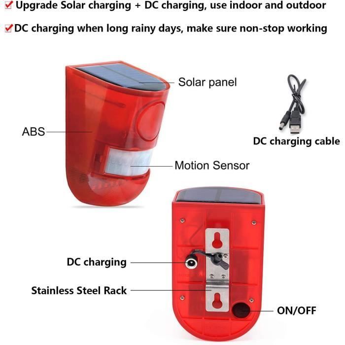 Alarme sonore et lumineuse solaire Détecteur de mouvement Sirène 110 décibels Alerte sonore et avertissement flash 6LED Système