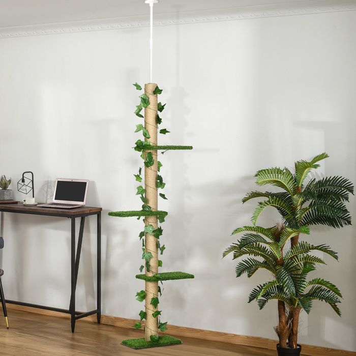 Tiragraffi per gatti - PawHut - regolabile dal pavimento al soffitto, erba artificiale a 4 livelli - morbido - 37x21x202-242 cm - verde