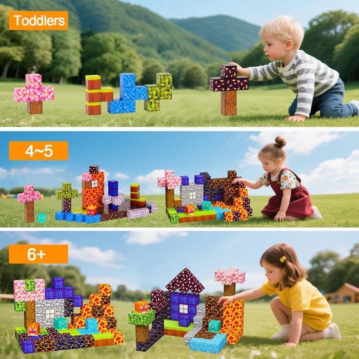 Juego de 100 bloques de construcción magnéticos - Juguete magnético para armar con 4 dinosaurios - Regalo para niños de 3, 4, 5, 6, 7 y 8 años.