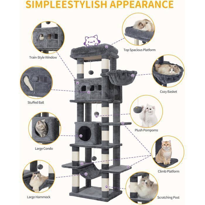 170cm Large Cat Tree, Cat Tower for Indoor Cats, with Large Perch, Washable Mat, 2 Cat Caves, Dark Grey