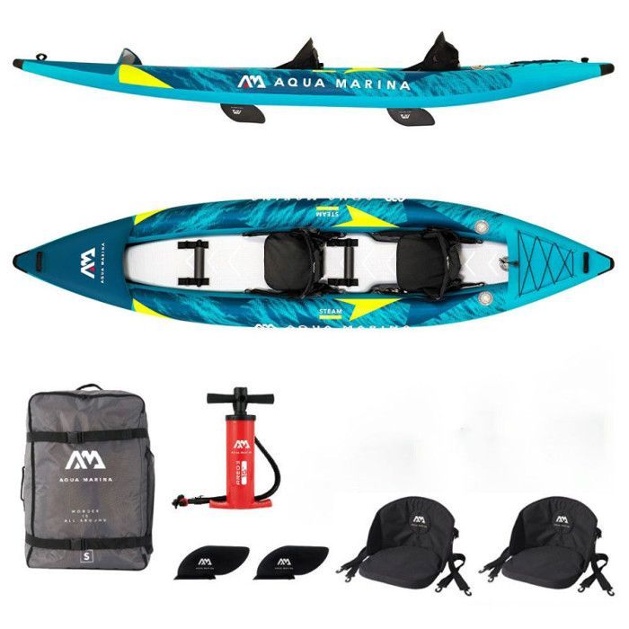 Aqua Marina Steam 412 2022 2 hengen puhallettava kajakki - vahvistettu PVC - jäykkä pudotusommellattia - sininen