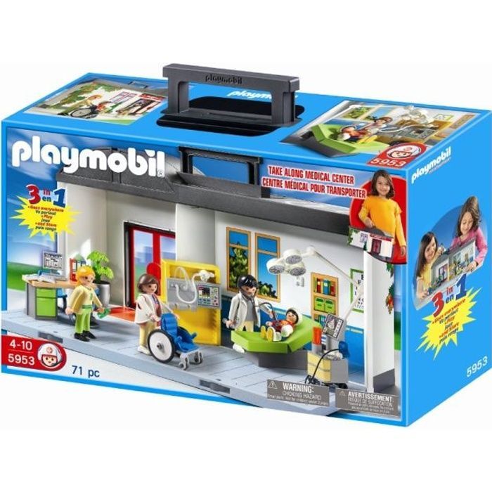 PLAYMOBIL - Hospital portátil 5953 - 1 hospital - 4 figuras - Mobiliario médico - Accesorios