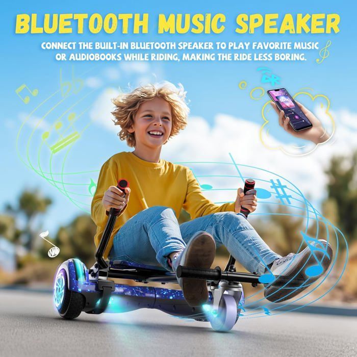 Hoverboard with integrated seat, 6.5 inches with Bluetooth speaker and LED lights for children (including pedal kart)