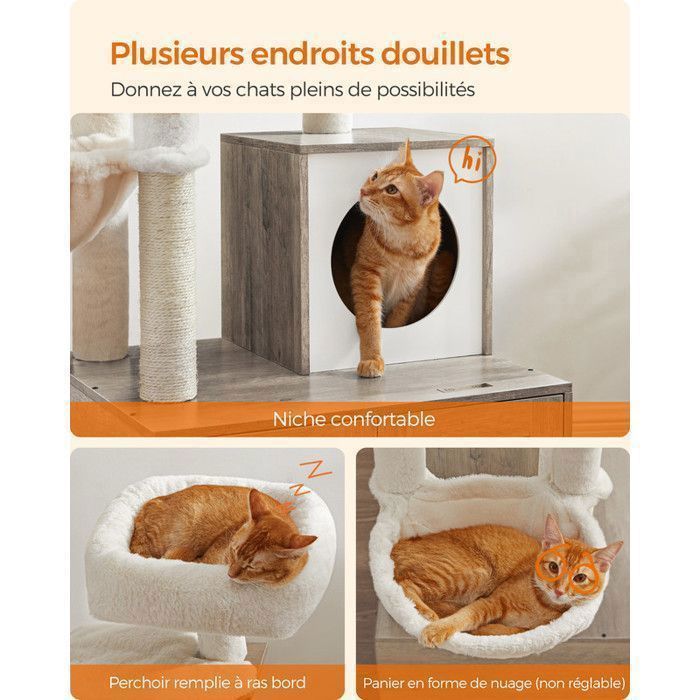 Feandrea Arbre à Chat avec Maison de Toilettes, Griffoir Moderne 2-en-1, Cache-litière, Bâtons avec Pompons Amovibles, Grège