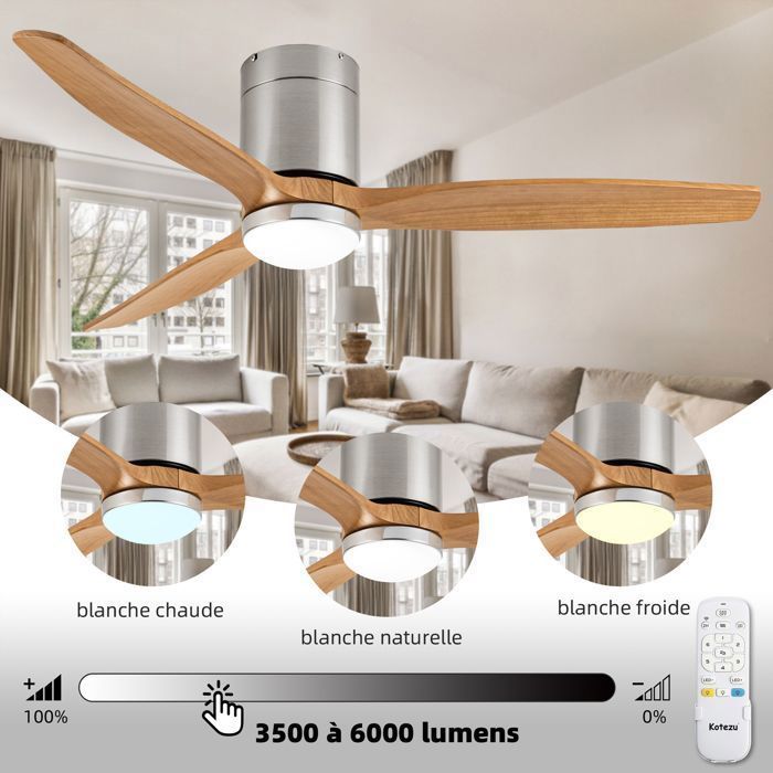Ventilateur Plafond avec Lumière LED à Intensité Variable, 132 cm, Télécommande/Mode Hiver-Été/Silencieux/Moteur CC 30W/Bois
