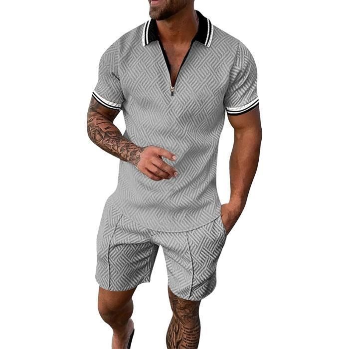 Completo sportivo estivo da uomo: set di abbigliamento per palestra, sport e fitness - pantaloncini, t-shirt, polo - grigio