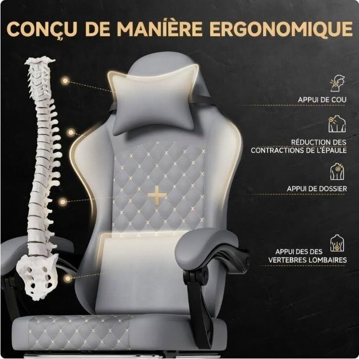 Gaming Chair - Ergonomic Design Gaming Seat - with Cushion, Reclining Backrest, and Headrest - Gray