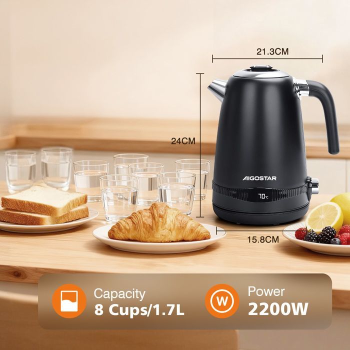 Aigostar Loki - 0% BPA stainless steel kettle. 1.7L, 2200W. 7 preset temperatures, keep warm function, LED display.