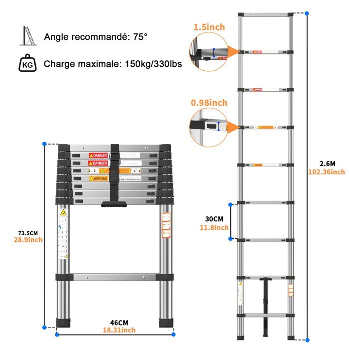 2.6m Telescopic Ladder - Stainless Steel - For RVs, Attics, Offices, Warehouses - Easy to Carry
