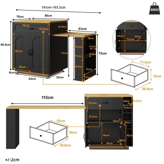 Kitchen island with extendable dining table, modern bar table with 2 drawers and 4 doors - 60-113×70×95.5cm - MDF - black