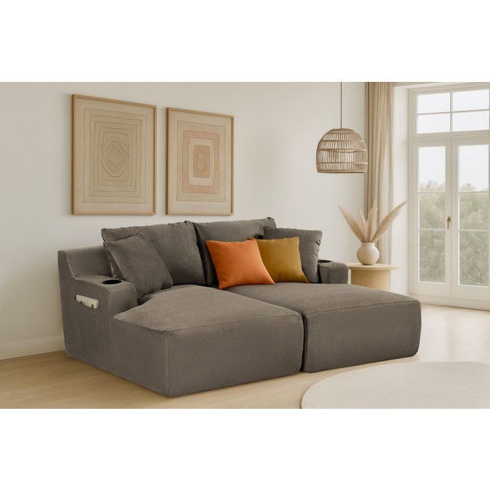 Sofá modular comprimido - 2 plazas - MARTY - Tela gris claro - Almacenamiento y portavasos - 180 x 157 x 88 cm
