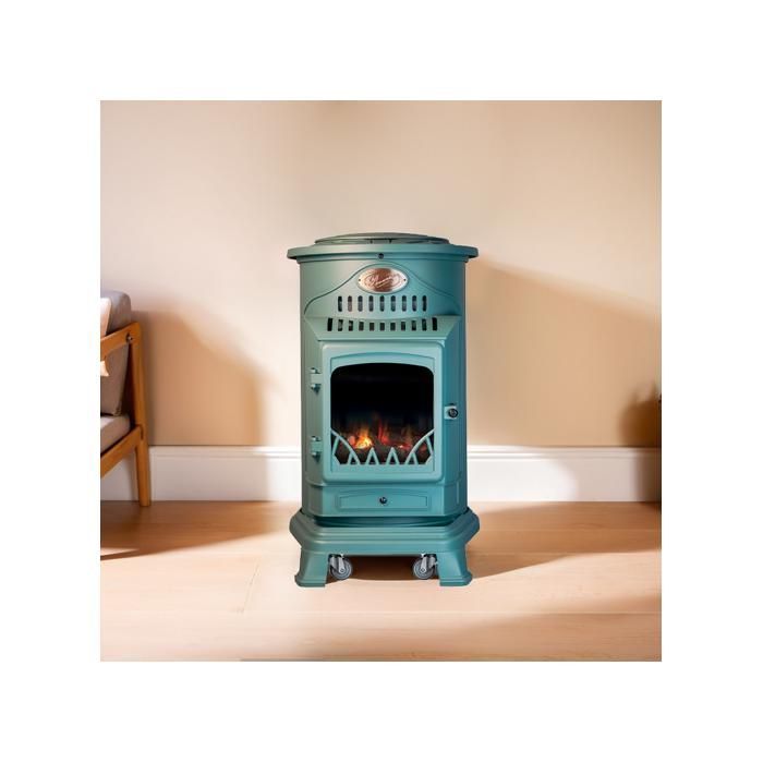 3,4 kW grüner Gasofen aus Gusseisen mit Holzofeneffekt + Gasschlauch + Butanregler Provence UNIVERSAL