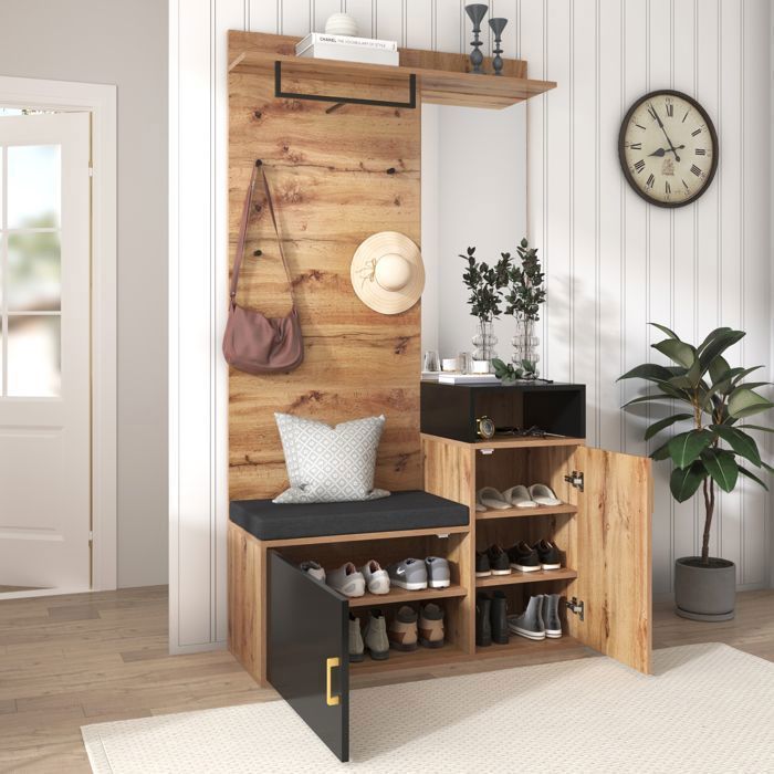 Entryway furniture - Wardrobe set with mirror and shoe cabinet, Entryway coat rack with hooks, 105x40x191.5cm, Black