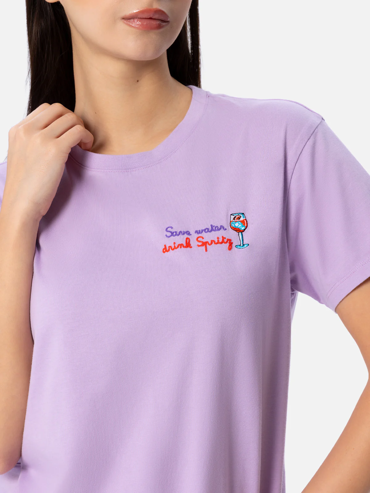 T-shirt da donna girocollo Emilie in jersey di cotone con ricamo Save