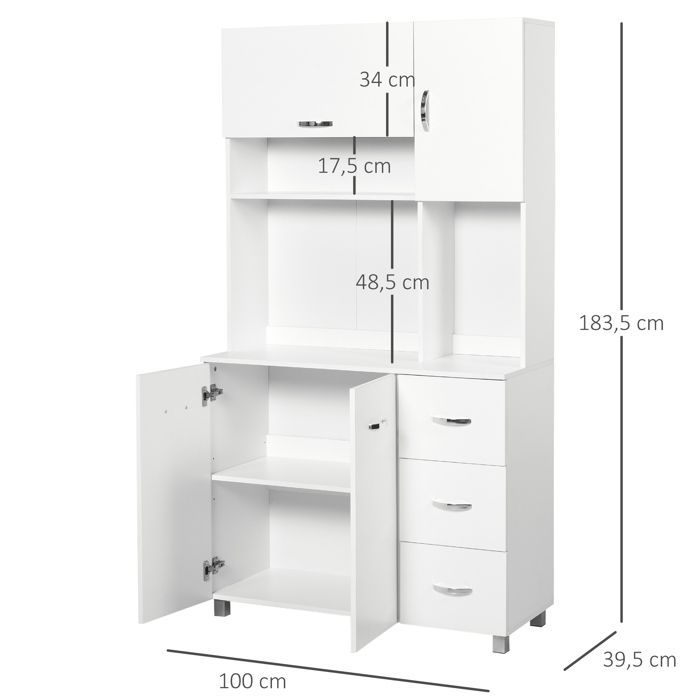 Küchenschrank – HOMCOM – mit viel Stauraum, 4 Türen, 3 Schubladen, großem Einlegeboden – Holz – 100 x 39,5 x 183,5 cm – weiß