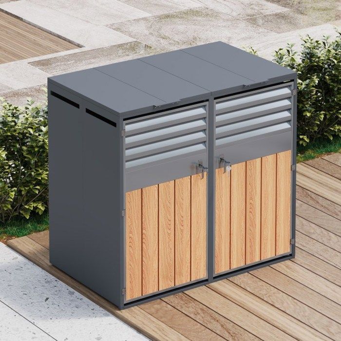 Caja doble para contenedores de basura de exterior LANGTU - Refugio de 2 compartimentos - Acero galvanizado - Tapa hidráulica - Aspecto de madera